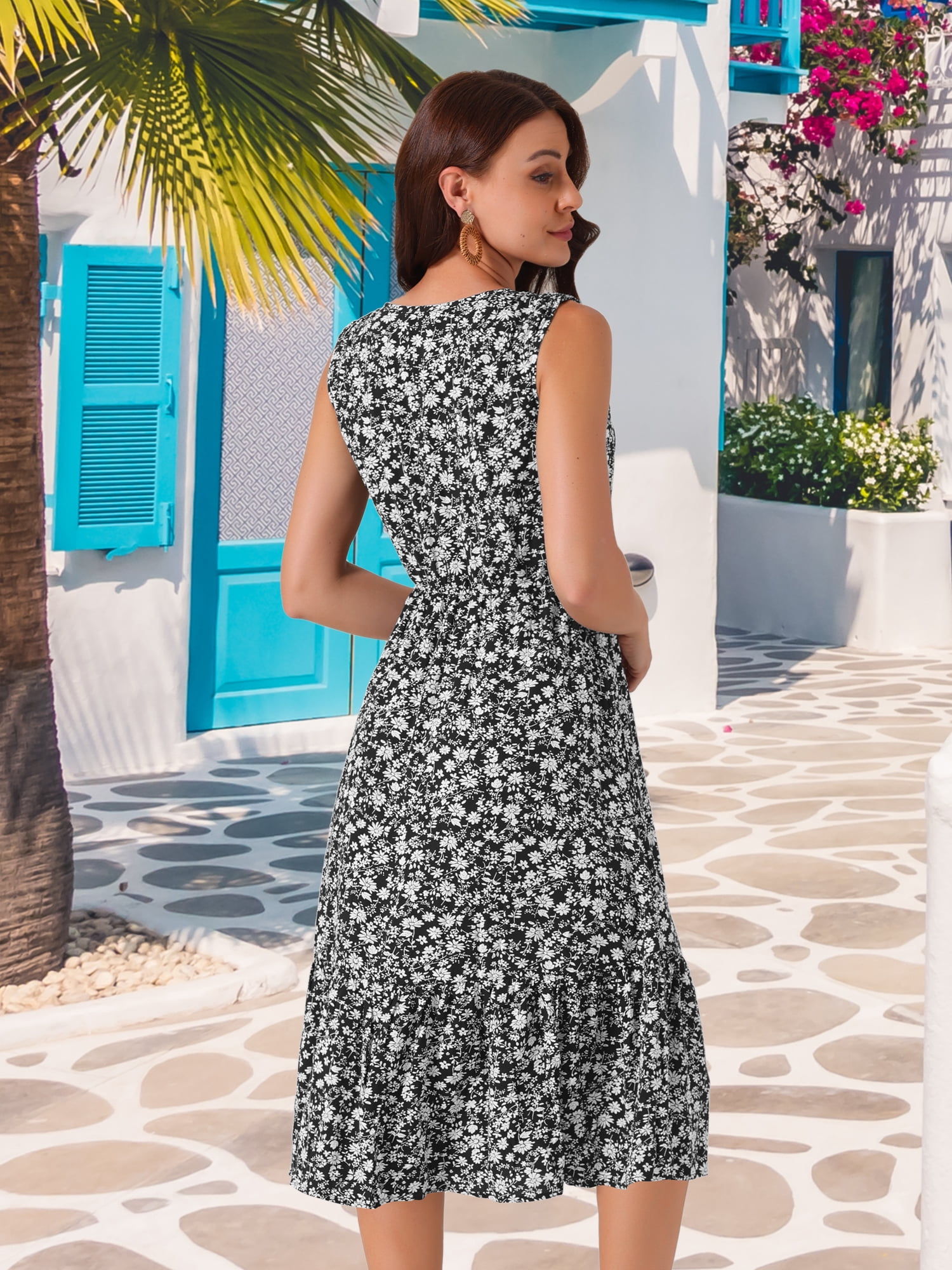 DARING DIVA Summer V Neck Sleeveless Flowy Midi Dress M Black