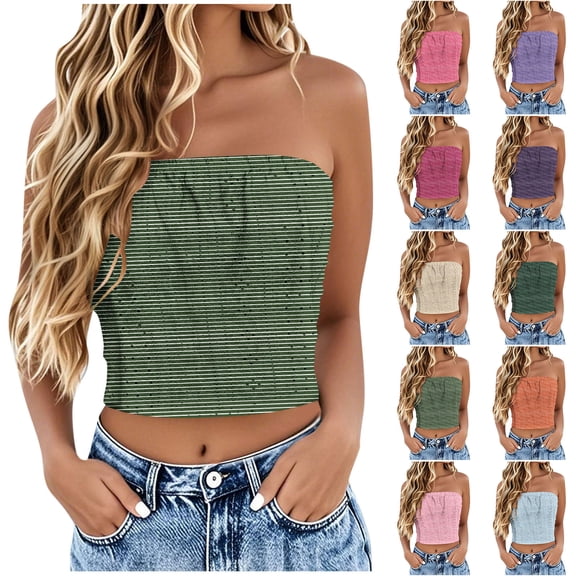 Agkizg Stripe Printed Sleeveless Bandeau Bra Solid Color Strapless Seamless Bralette Soft Stretchy Everyday Layering Top (Women's or Women's Plus)