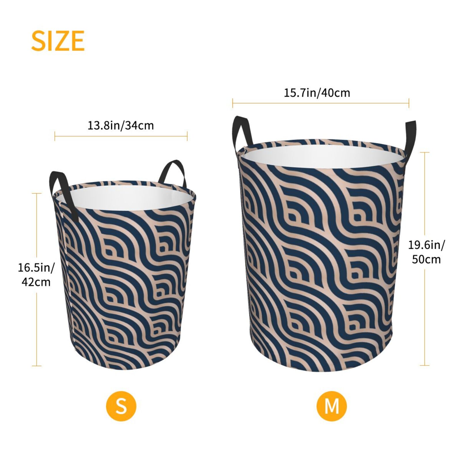Large Laundry Basket with Handles - Navy Geometric Waves Kids Baby Dirty Clothes Laundry Hamper for Bedroom Aesthetic