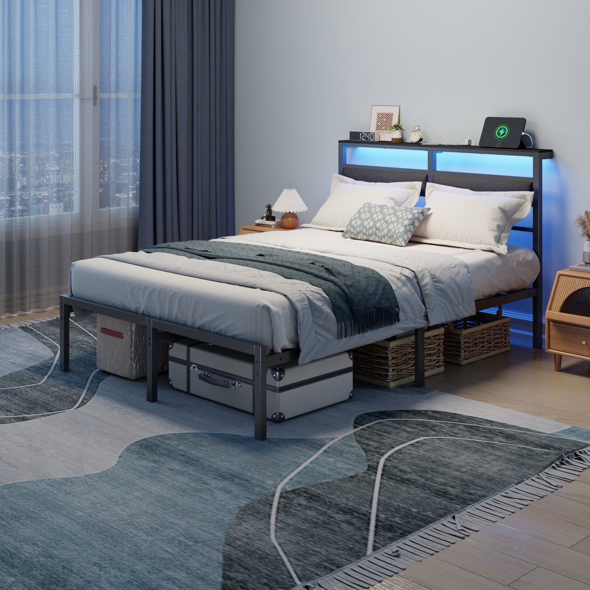 Satifur Full Size Bed Frame with Upholstered Headboard & Shelf, LED Lights & USB Charging Station, Metal Black