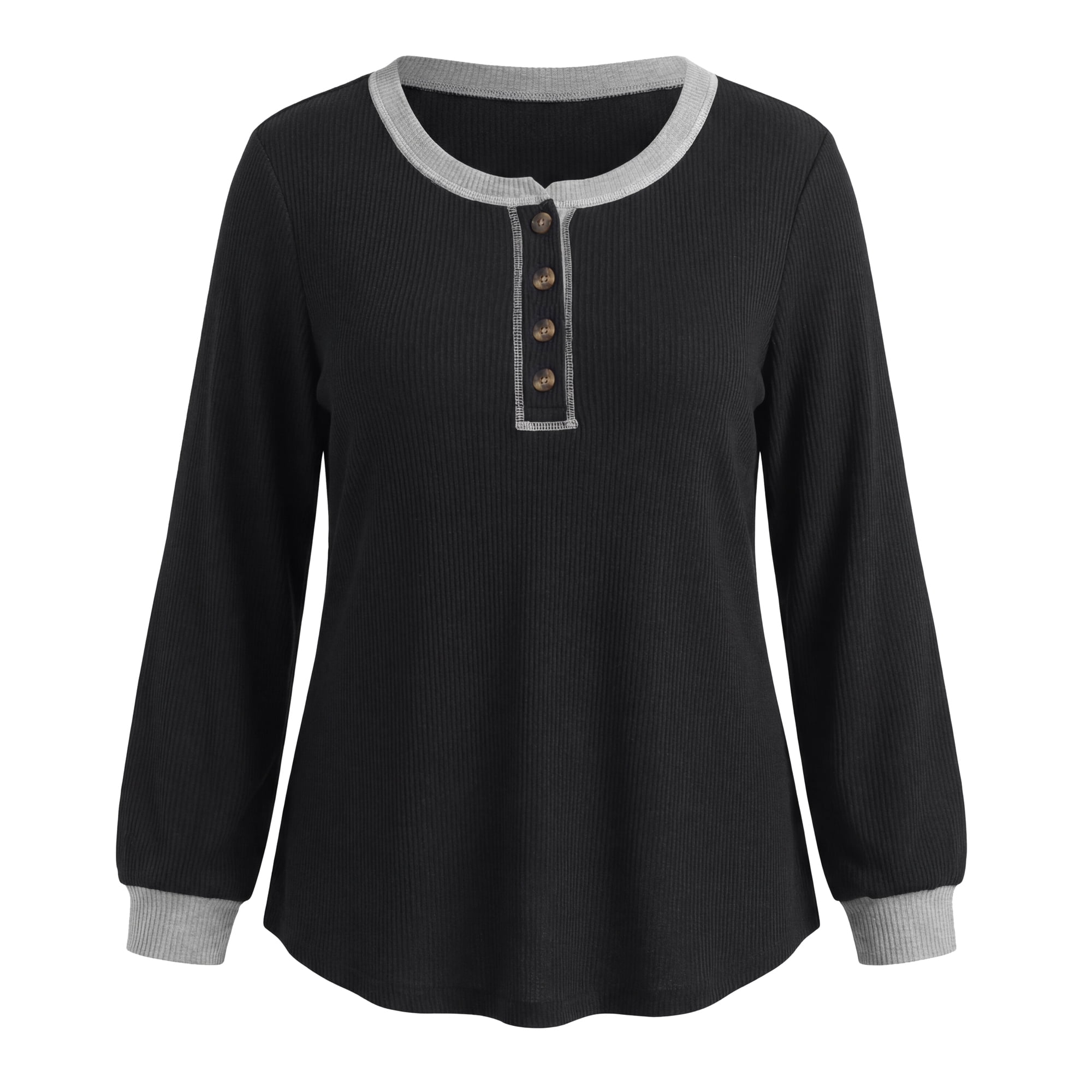 DARING DIVA Women's Plus Ribbed Knit Contrast Color Button Crew 1X Black