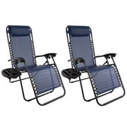 Zero Gravity Lounge Chairs- Set of 2- Navy Blue Folding Anti-Gravity Recliners- Side Table Cup Holder & Pillow-For Outdoor Lounging by Lavish Home