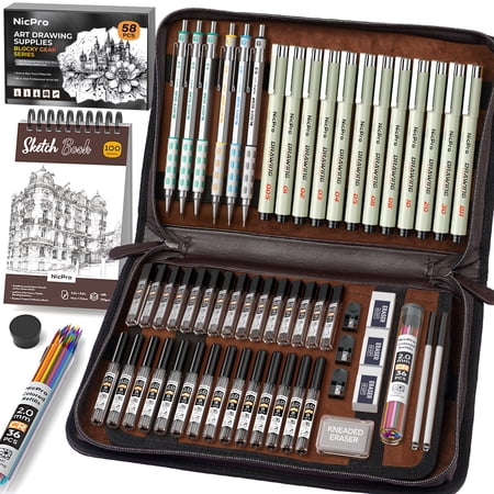 Nicpro 58 PCS Art Drawing Supplies Kit in Leather Case Art Mechanical Pencil Set with 6 Metal Drafting Pencil 0.5 & 0.7 & 0.9 & 2mm 12 Micron Pen Sketch Book 30 Tube Lead Refills for Sketching