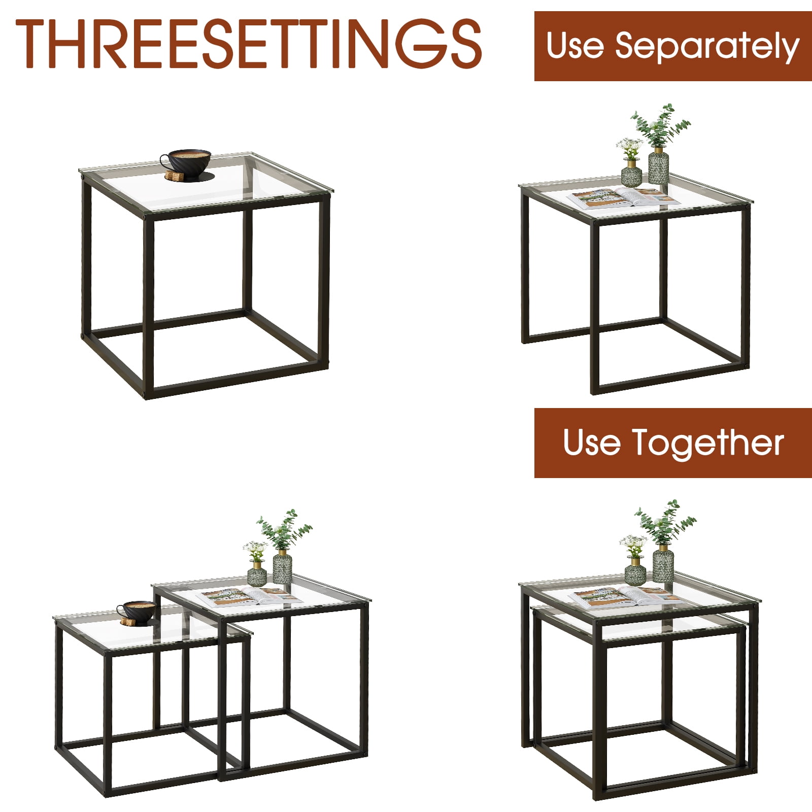 Coffee Table Set of 2, Modern Black Glass Side Table, Metal Frame Square End Table, Center Tables,Nesting Coffee Table for Living Room,Bedroom and Small Spaces