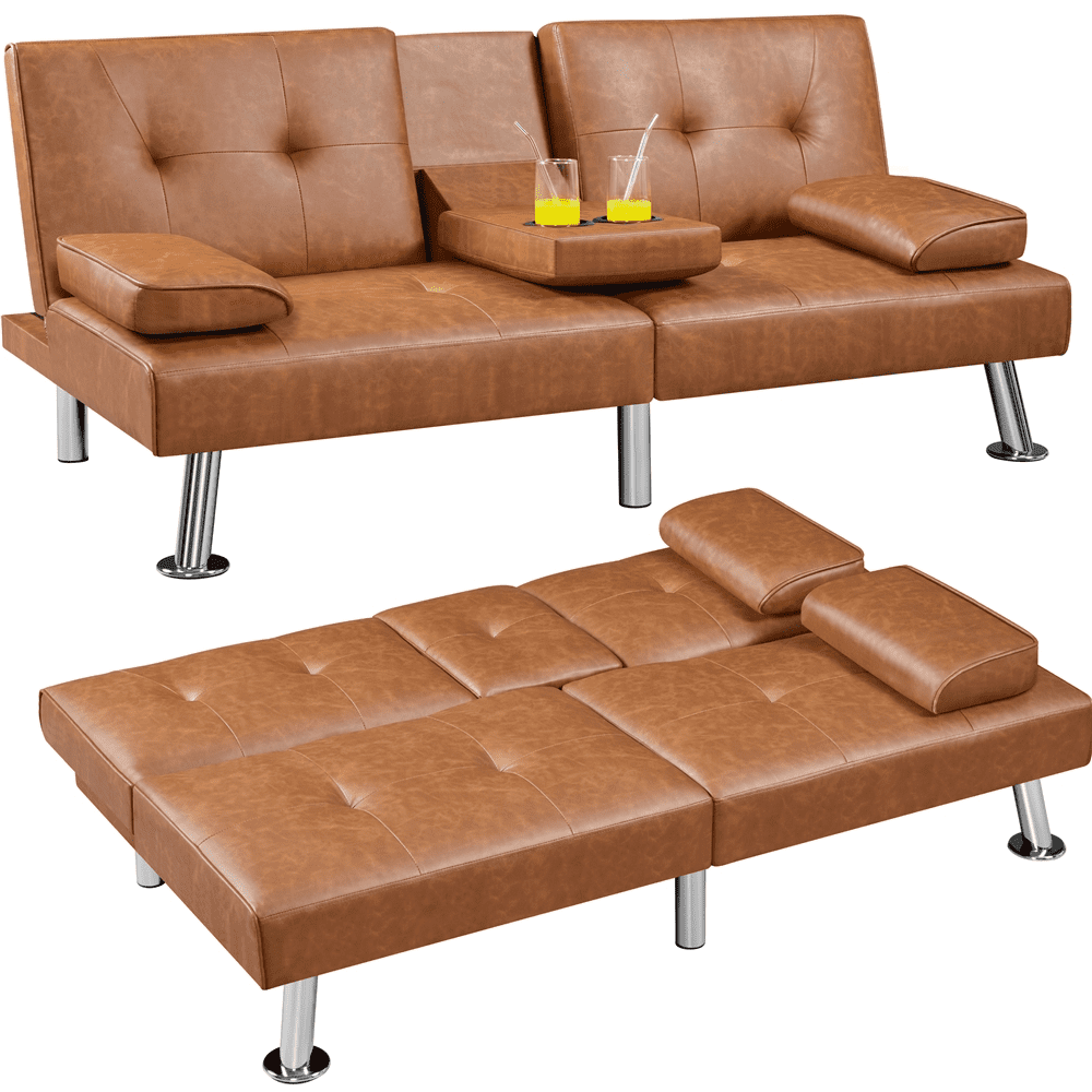 Renwick Modern Faux Leather Futon Sofa Bed Convertible Folding Couch with Cup Holders, Brown