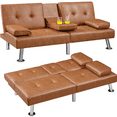 thumbnail image 3 of Renwick Modern Faux Leather Futon Sofa Bed Convertible Folding Couch with Cup Holders, Brown, 3 of 9