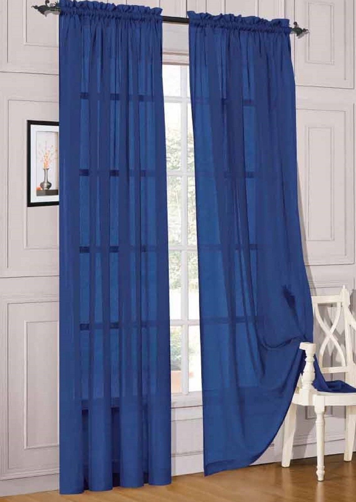 2pc Royal Blue Solid Sheer Voile Window Curtain Set, Two (2) Rod Pocket