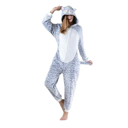 

Women s Plush Animal Onesie Pajama Grey Leopard SM