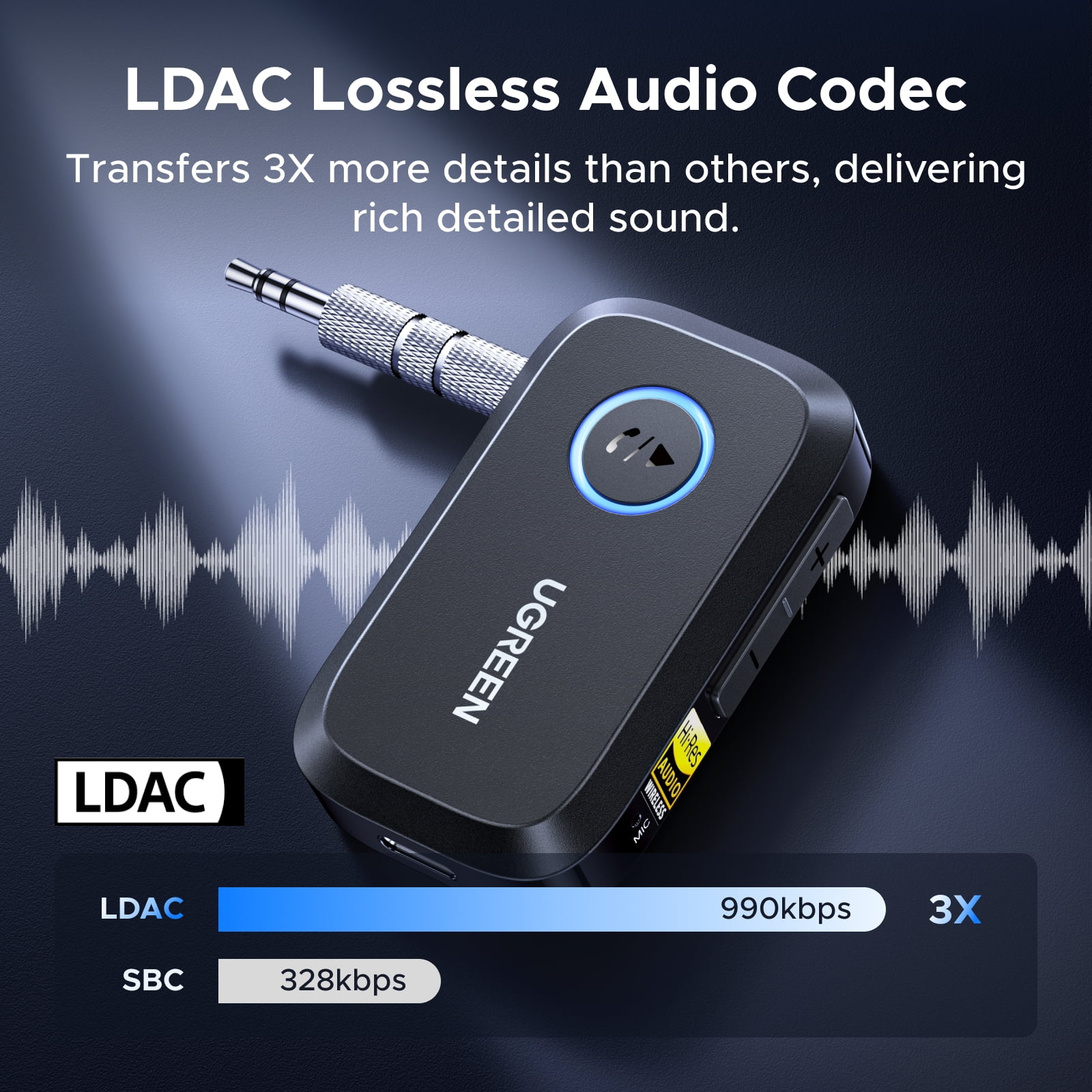 GREEN Bluetooth 6.0 Receiver for Car with LDAC, AI Noise Cancelling AUX Bluetooth Adapter, Hi-Res Wireless Audio Receiver for Home Stereo, 17H Battery - Black