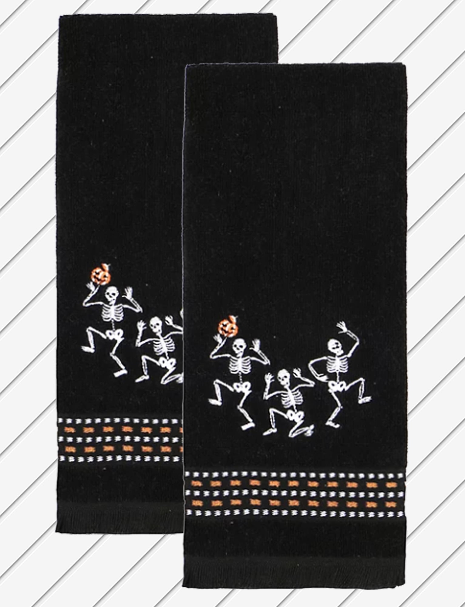 Celebrate Halloween Towels, Black Bath Hand Towel 2 Pack Set Embroidered Skeleton Trio Bathroom