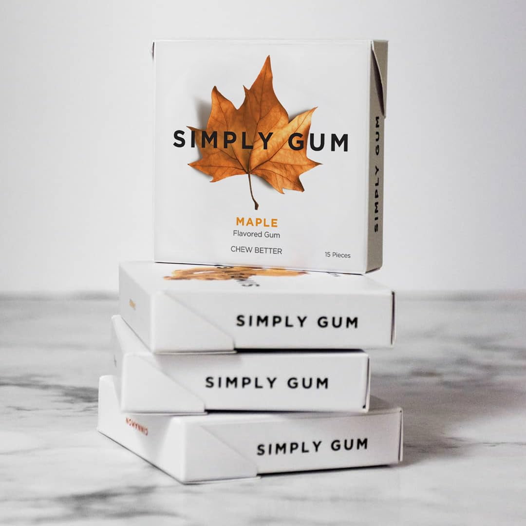 SIMPLY Gum | Maple MFF30 | Plant- Based Chewing Gum | Pack of Six (90 Pieces Total) | Synthetic Plastic Free + Aspartame Free + non GMO