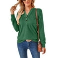 thumbnail image 2 of SHIBEVER Long Sleeve Tops for Women Fall Shirts V Neck Button Casual Tunic Loose Fit Blouse Henley Shirts Fashion Solid Color Green Size S, 2 of 5