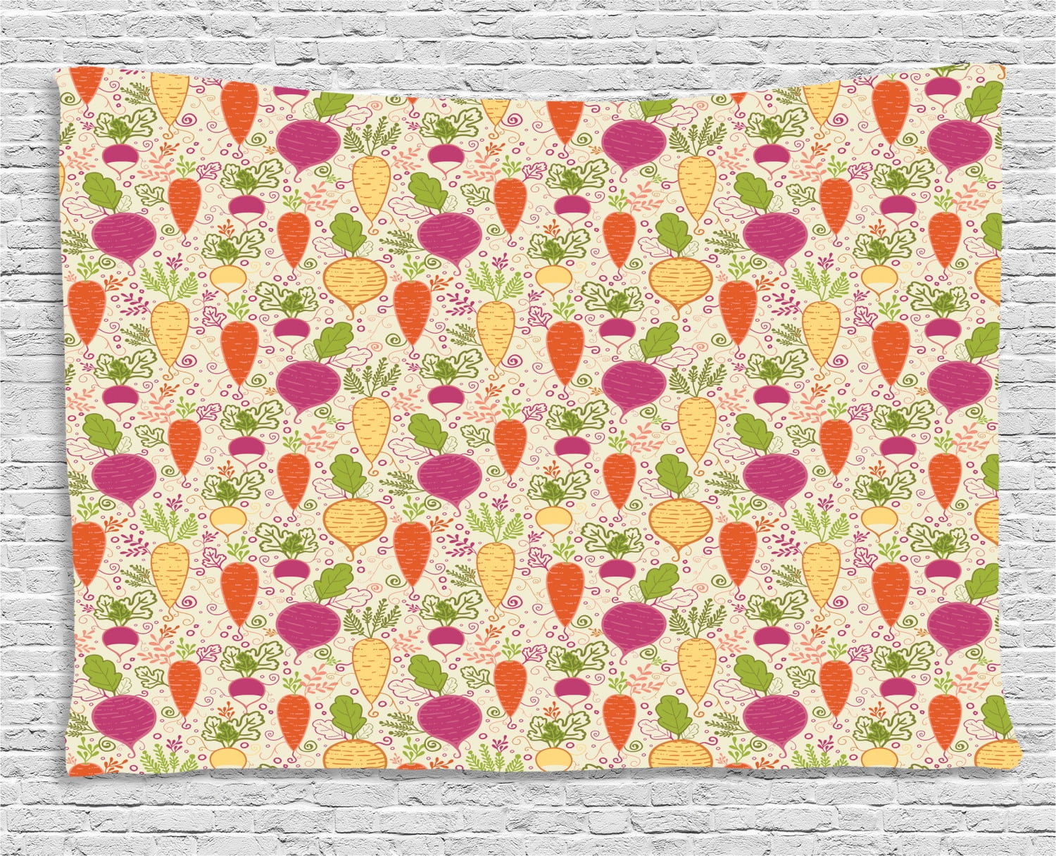 Vegetable Tapestry, Colorful Doodle Root Vegetables Pattern with Tulips ...