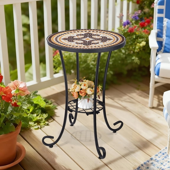 14 Inch Moroccan Mosaic Ceramic Side Table Earth Tone Geometric Tile Table Top with Iron Base Vintage Style Accent Table for Living Room, Bedroom, Entryway