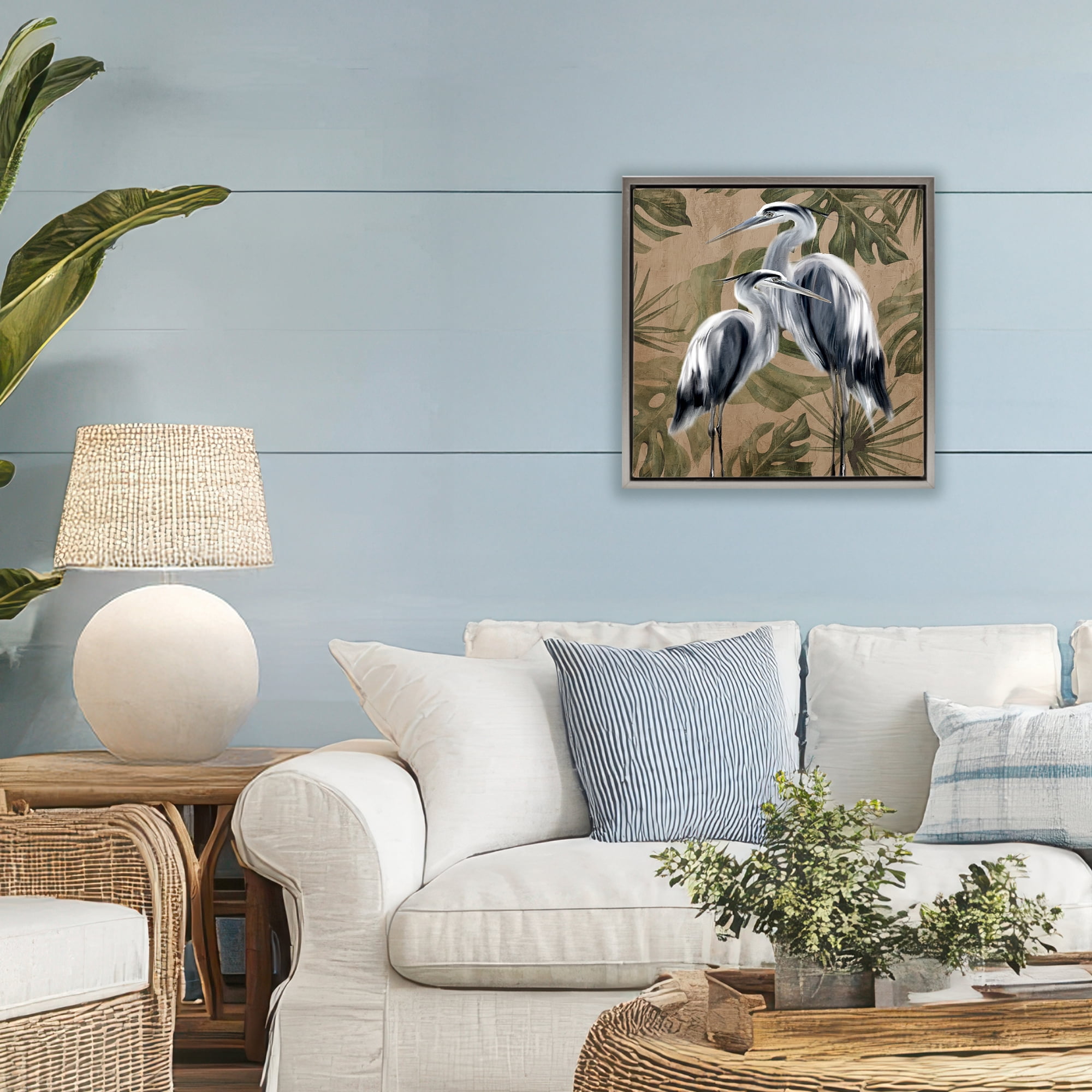 Stupell Industries Two Herons over Tropical Leaves Gray Framed Floater Canvas Wall Art, design by Kim Allen