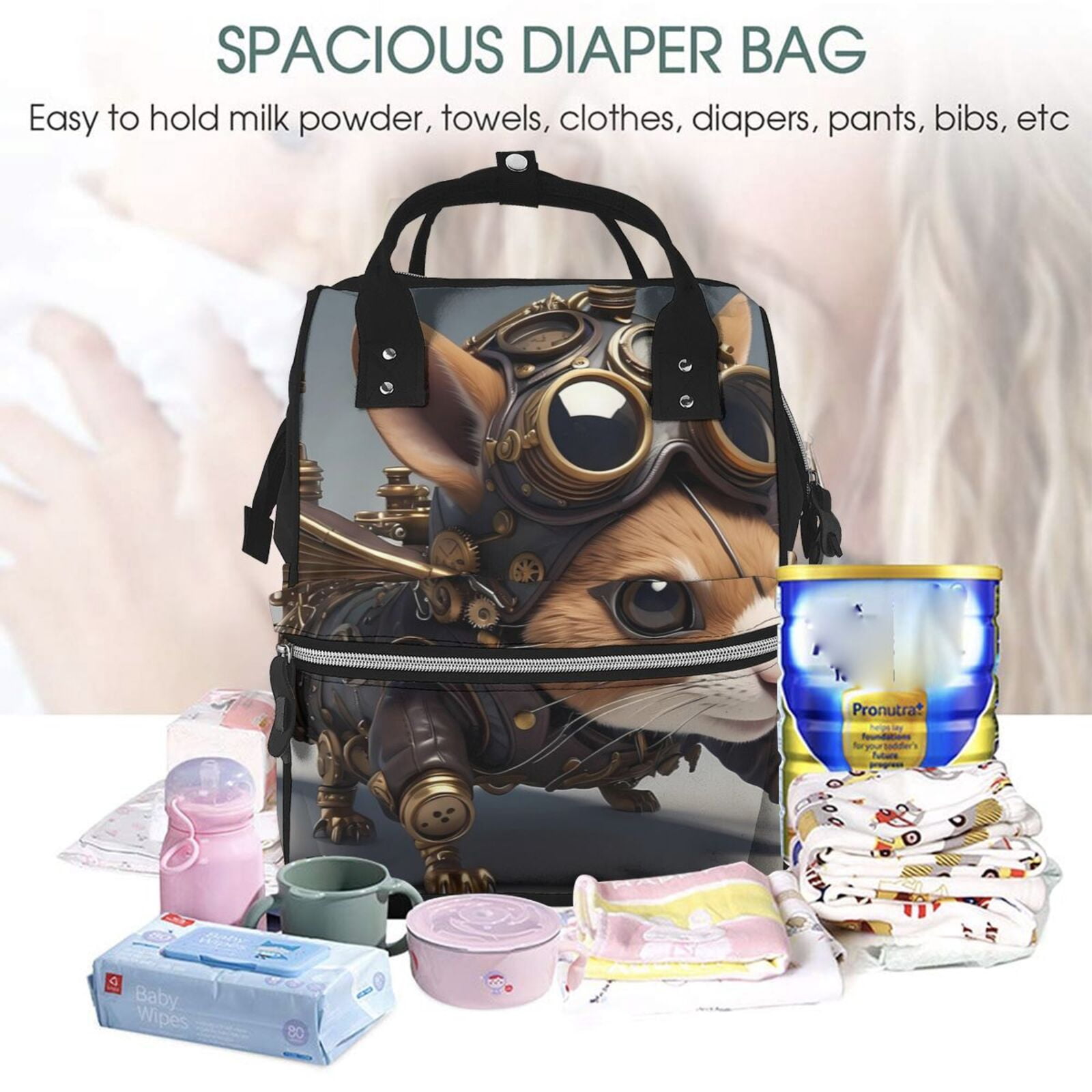 Fuzoiu Steampunk Squirrel Pilot Print Diaper Bag Backpack,Baby Essentials Travel Tote,Multi function Waterproof Diaper Bag, Travel Essentials Baby Bag - Unisex