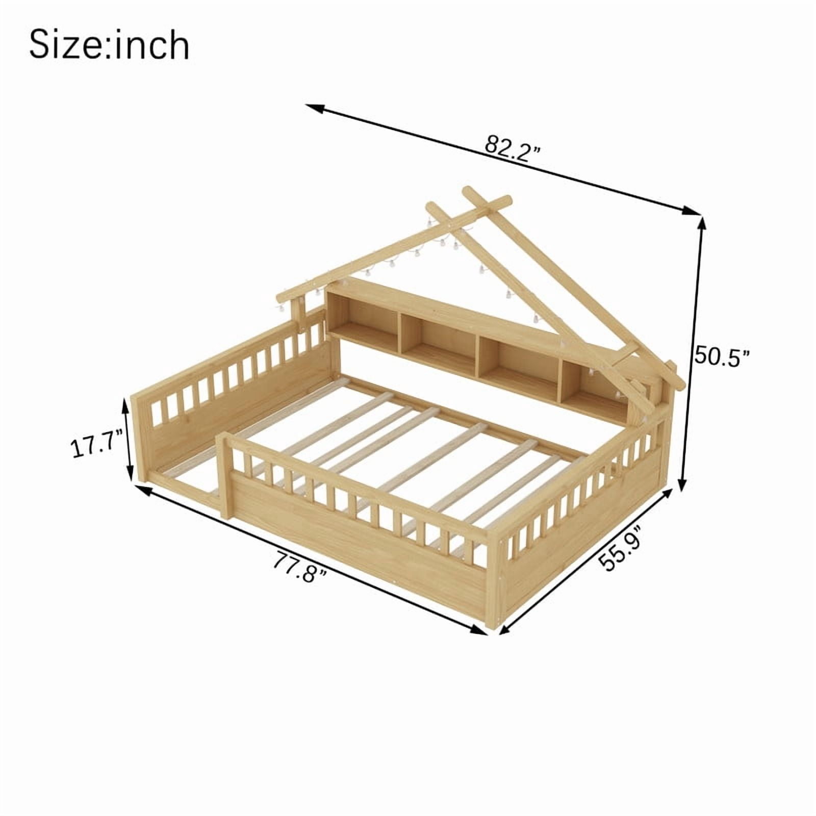 Mirightone Full Floor Bed with High Rails, Montessori Bed Full with LED Light and Roof Shape, Wood House Bed Frame with Storage Bookshelves, Natural