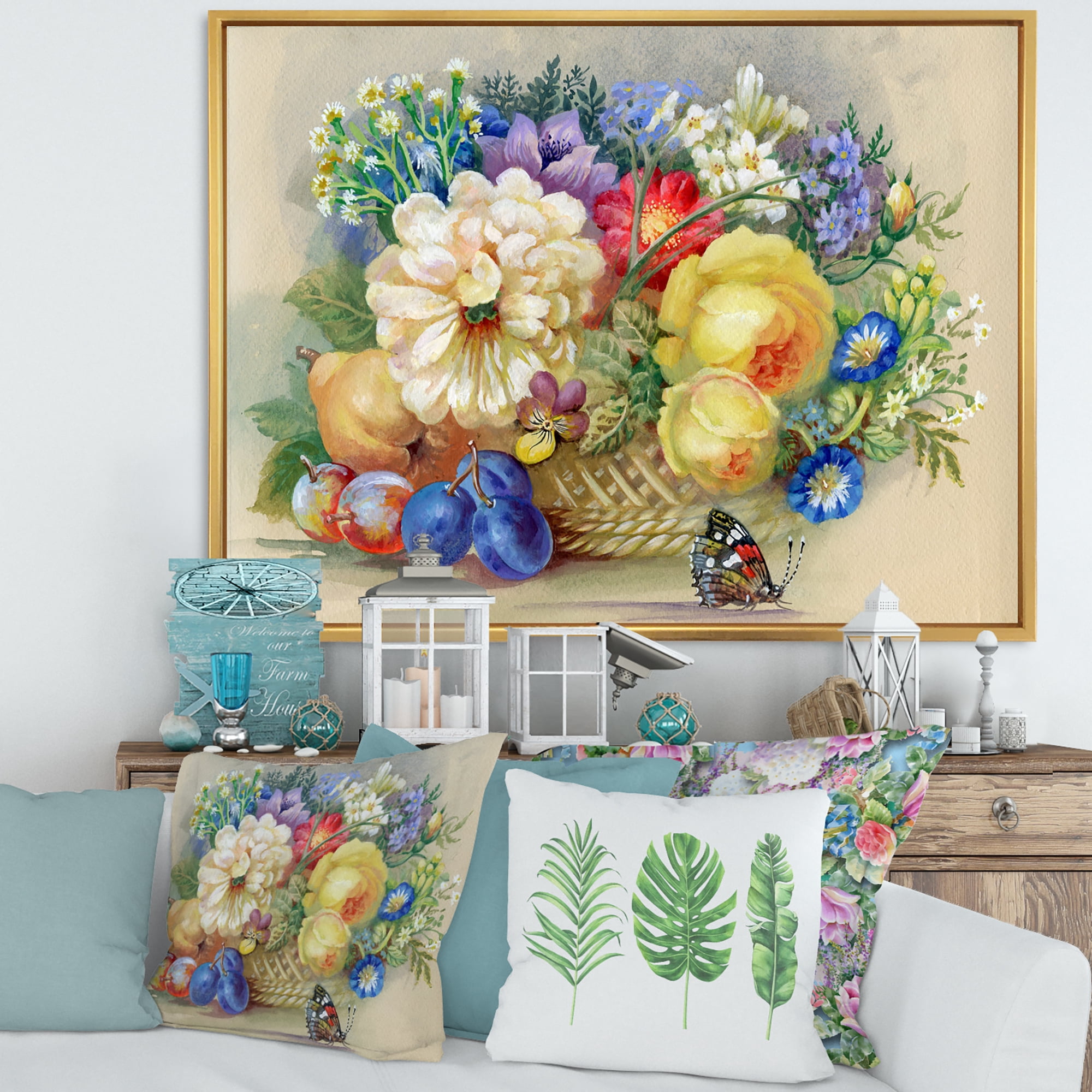 Designart 'Vintage Still Life Of White and Yellow Flowers' Traditional Framed Canvas Wall Art Print