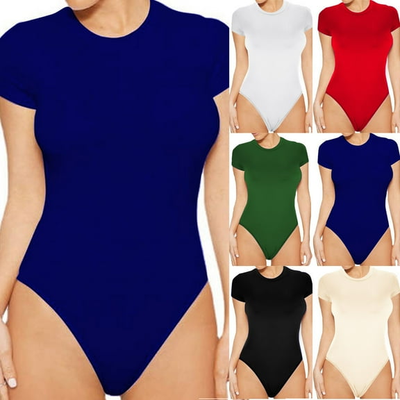 Elainilye Fashion Thong Bodysuit for Women Casual Round Neck Bodysuit Solid Color Sexy Short Sleeve Body Shaper,Black
