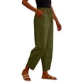 thumbnail image 3 of TZZQ Linen Capris Pants for Women Petite Beach Pants Straight Wide Leg Casual Drawstring Elastic Waist Cropped Trousers with Pockets Loose Comfy Summer Ankle Length Trousers Blackish Green S, 3 of 9
