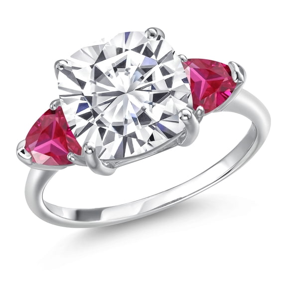 Gem Stone King 10K White Gold Moissanite and Red Created Ruby Engagement Ring for Women | 5.86 Cttw | Cushion 10MM | Gemstone Birthstone | Size 9