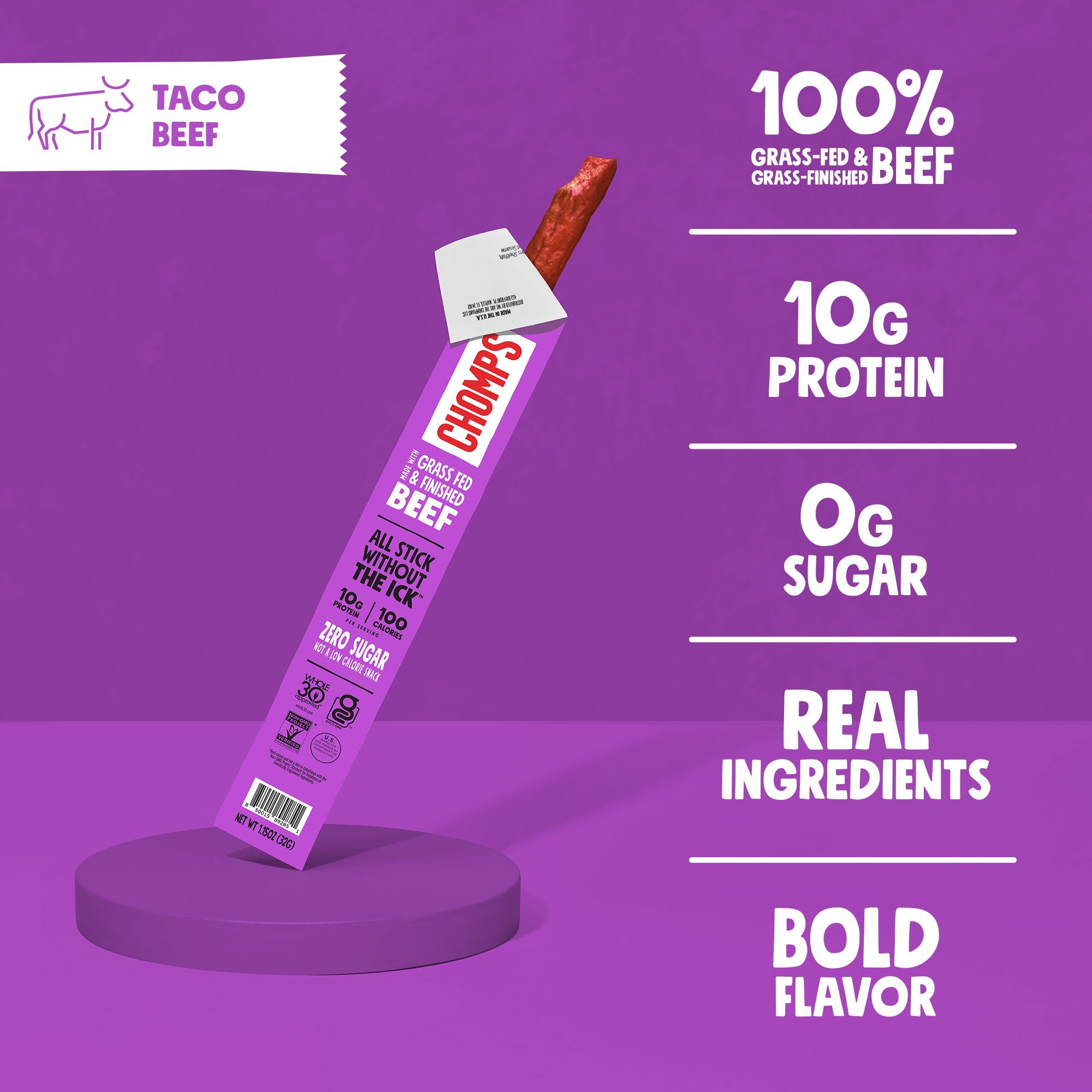 Chomps Grass-Fed And Finished Taco Beef Meat Sticks (8 Count)