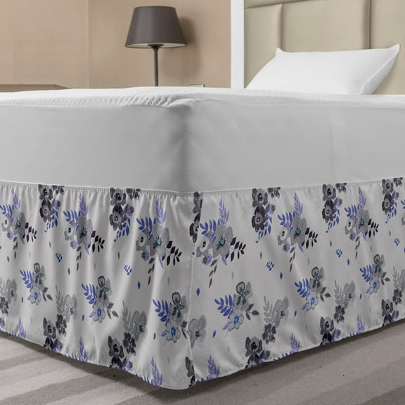 Floral Bed Skirt, Flower Bouquets Flourishing Buds of Summer Garden Meadow Blossoms Pattern, Elastic Bedskirt Dust Ruffle Wrap Around for Bedding Decor, 4 Sizes, Blue Violet and Grey, by Ambesonne