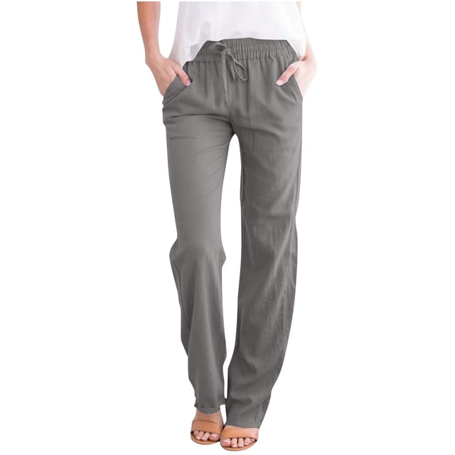Womens High Waist Casual Linen Pants Drawstring Straight Leg Lounge Pants Trousers with Pockets