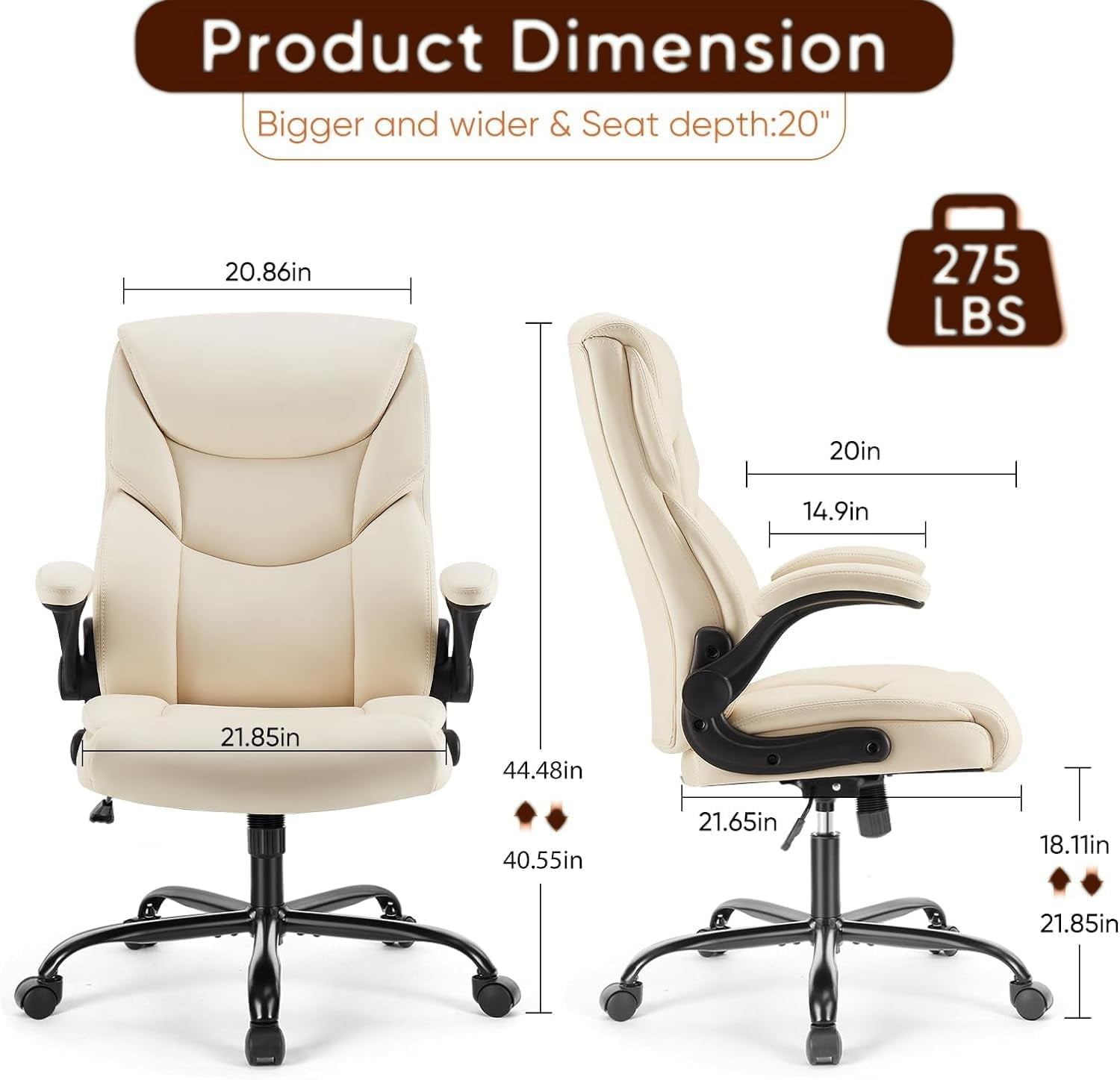 Ergonomic Office Chair, High Back Executive Desk Chair with Lumbar Support, Adjustable PU Leather Computer Chair with Flip-up Arms, Swivel Rolling Wheels Chair for Home and Office Use