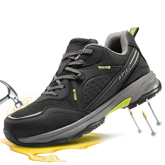 SPIEZ® Composite Toe Safety Shoes for Men, Oil-Resistant Lightweight Work Shoes, Durable Non Slip Sneakers for Hiking, Construction, Outdoor & Warehouse Use, Balck Green, Size 10