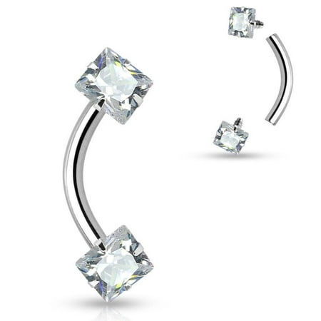 - EyeBrow Ring 16g Square CZ Prong Seting Internally Threaded 316L Surgical Steel
