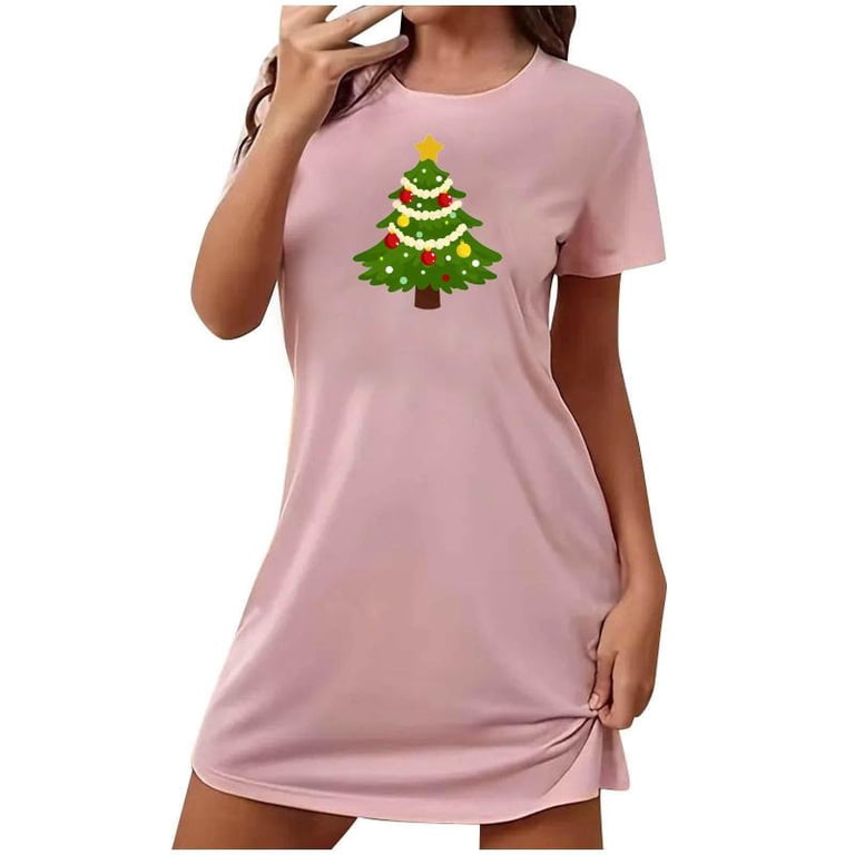 Sakmal Loose Moomoo Dresses for Women Pink Christmas Comfy Ultra-Soft Mumu Dress Short Sleeve Short Crew Neck Christmas Trees Print Nightgowns S-2xl,
