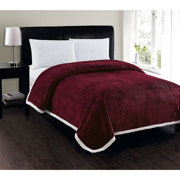 Soft Plush Reversible Corduroy / Sherpa Lined Oversized Bed Blanket for Bedroom or Lounging on Couch, King, Burgundy