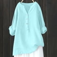 thumbnail image 2 of Blue Summer Shirts for Women 2024, Long Sleeve Womens Tops Dressy Casual, Linen Womens Work Blouses, Women's Loose Solid Color Standing Collar Button Breathable Cotton And Linen T Top, 2 of 4
