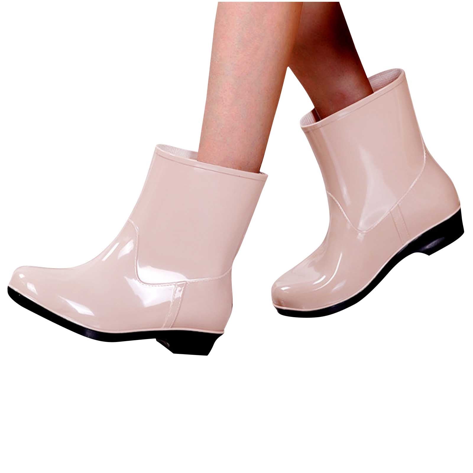 SuTry Women's Mid-Calf Waterproof Rain Boots Glossy PVC Wellies with Non-Slip Sole Low Heel Casual Water Shoes for Spring Summer Work Outdoor Use