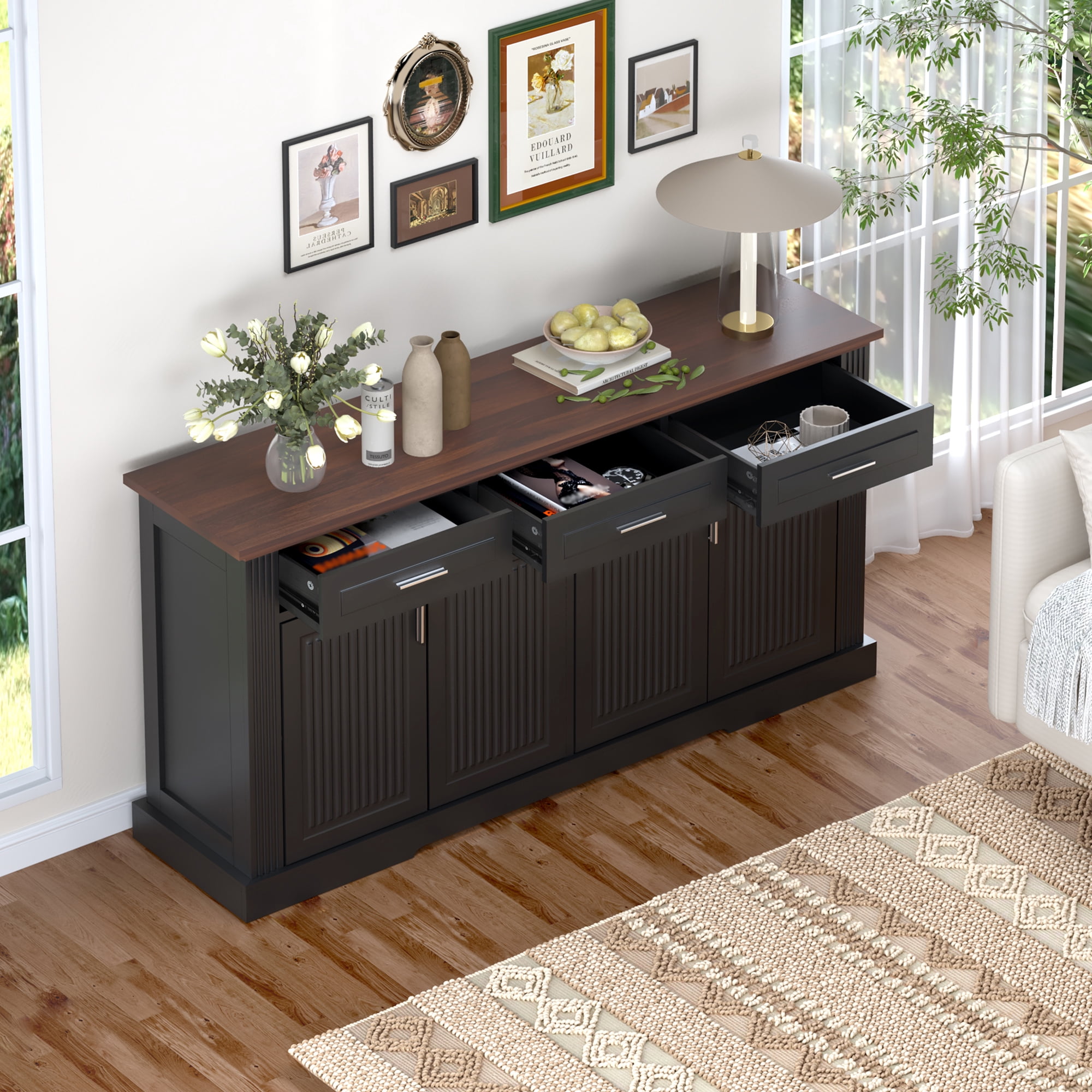 Mintazer 63" Fluted Sideboard Buffet Cabinet with Storage, Kitchen Storage Console Table with 4 Doors and 3 Drawers, Modern Coffee Bar Station for Entryway Kitchen Living Room Dining Room, Black