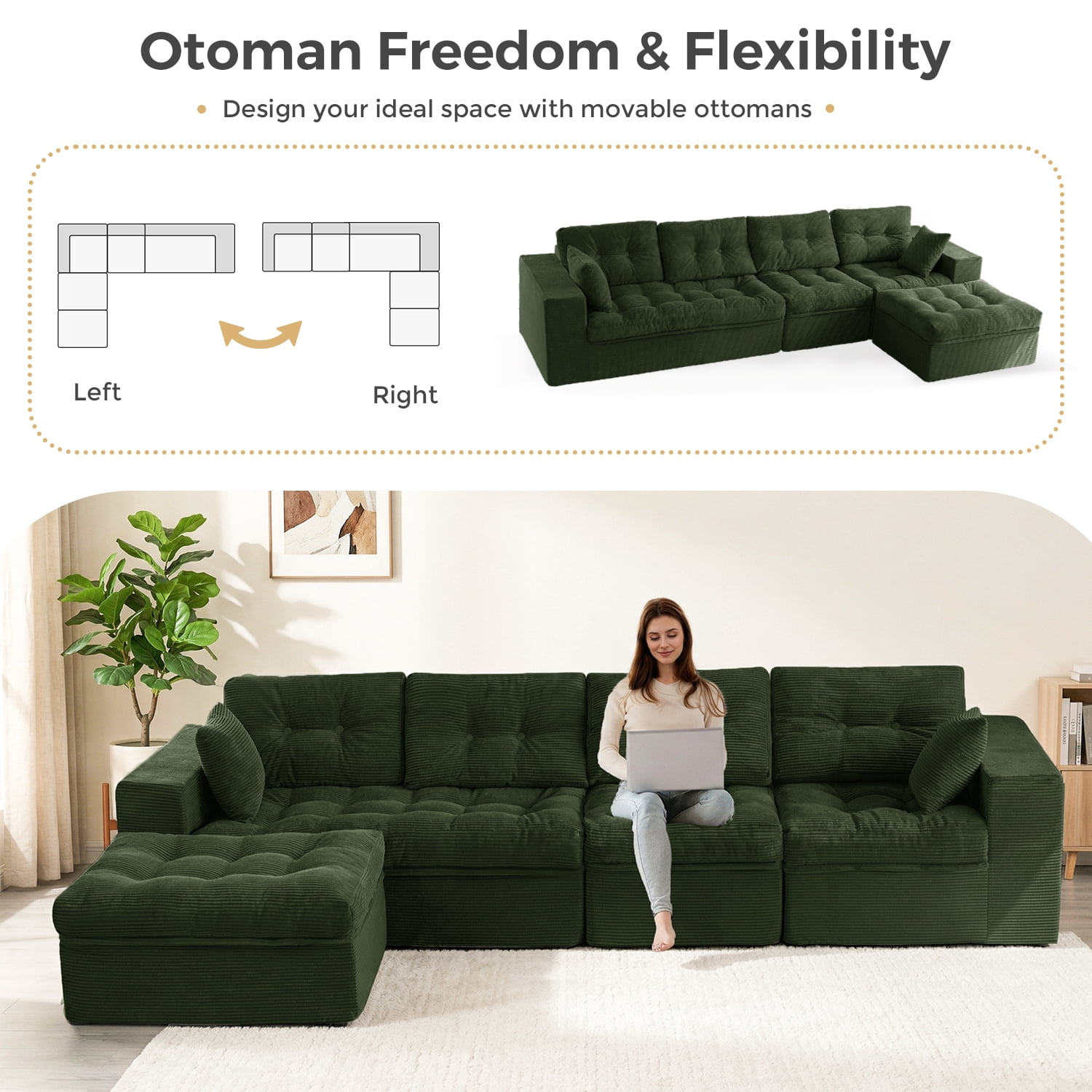 BYBYME 130"Oversized L-Shaped Sectional Sofa Cloud Boneless Modular Couch,Upholstered Sofa with Convertible Left/Right Ottoman for Living Room Bedroom,No Assembly,DGreen