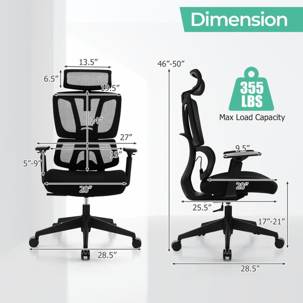 Demi Bonn Ergonomic Office Chair with N Type Lumbar Support and Adjustable Headrest, Rolling Work Computer Desk Chair, Black