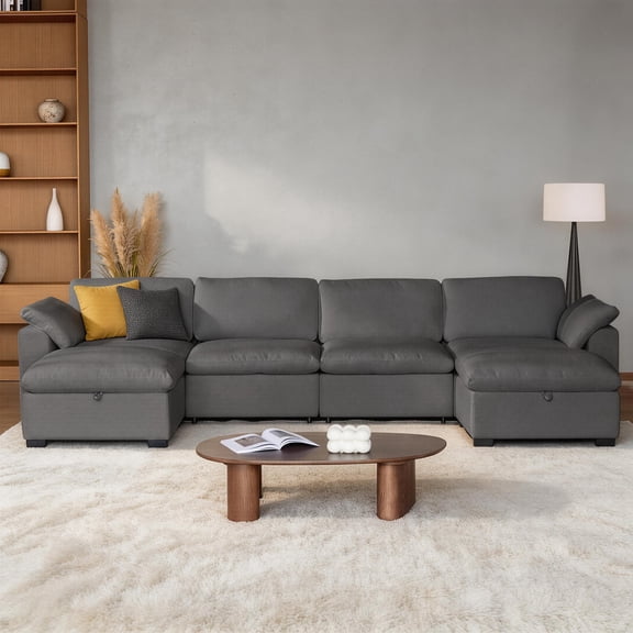 160" Oversized Modular U-Shaped Sofa with Storage, Linen Fabric Sectional Sofa for Living Room, Tool-Free Assembly, Gray