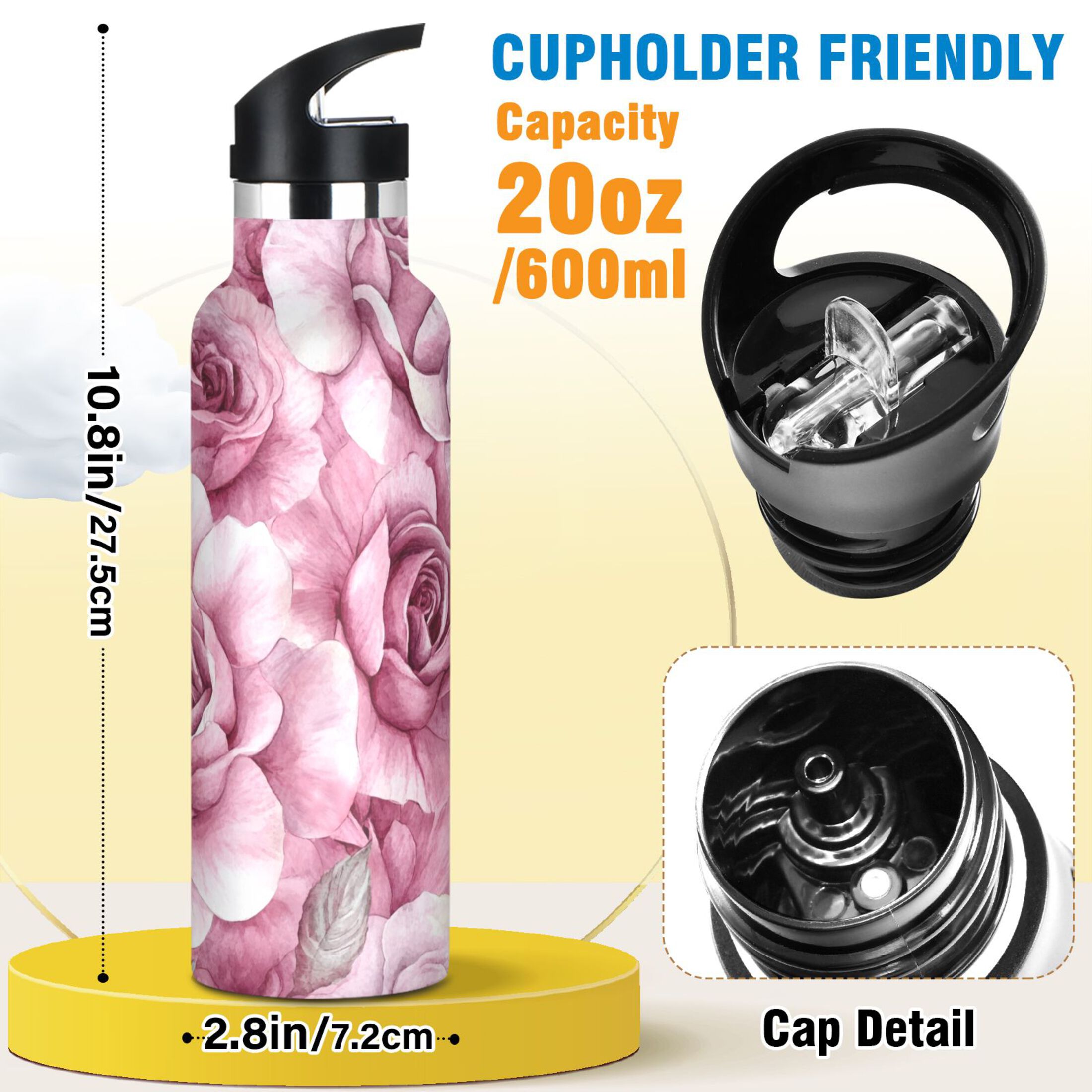 600ML Stainless Steel Insulated Cup Sports Water Bottle Portable Thermos Cup Water Glasses Insulated Tumblers Convenient and Durable Charming Roses