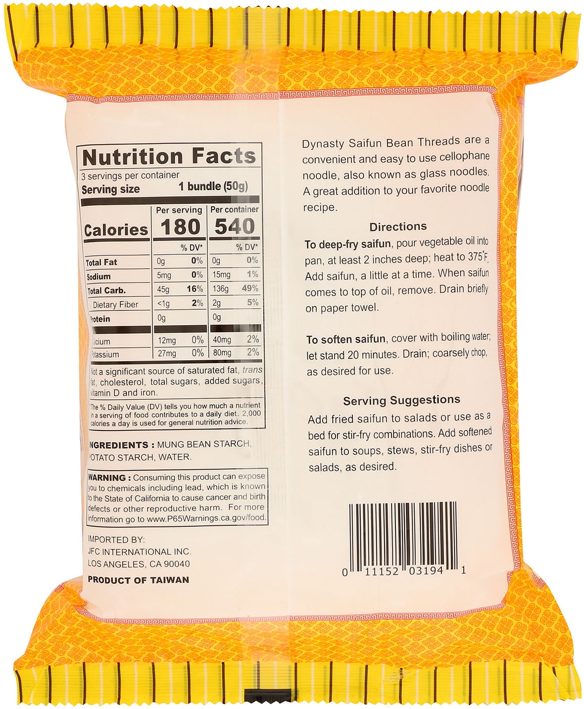 (4 pack) Dynasty Saifun Asian Noodles 5.29 oz - Mung Bean & Potato Starch