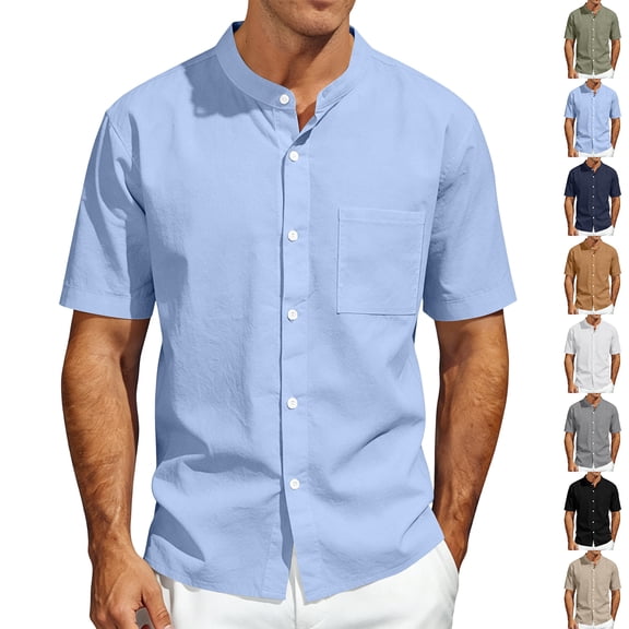 OIOLOYJM Men's Linen Shirts Summer Short Sleeve Casual Button Down Banded Collar Work Shirt Basic Beach Lounge Vacation Shirts with Pocket Light Blue L