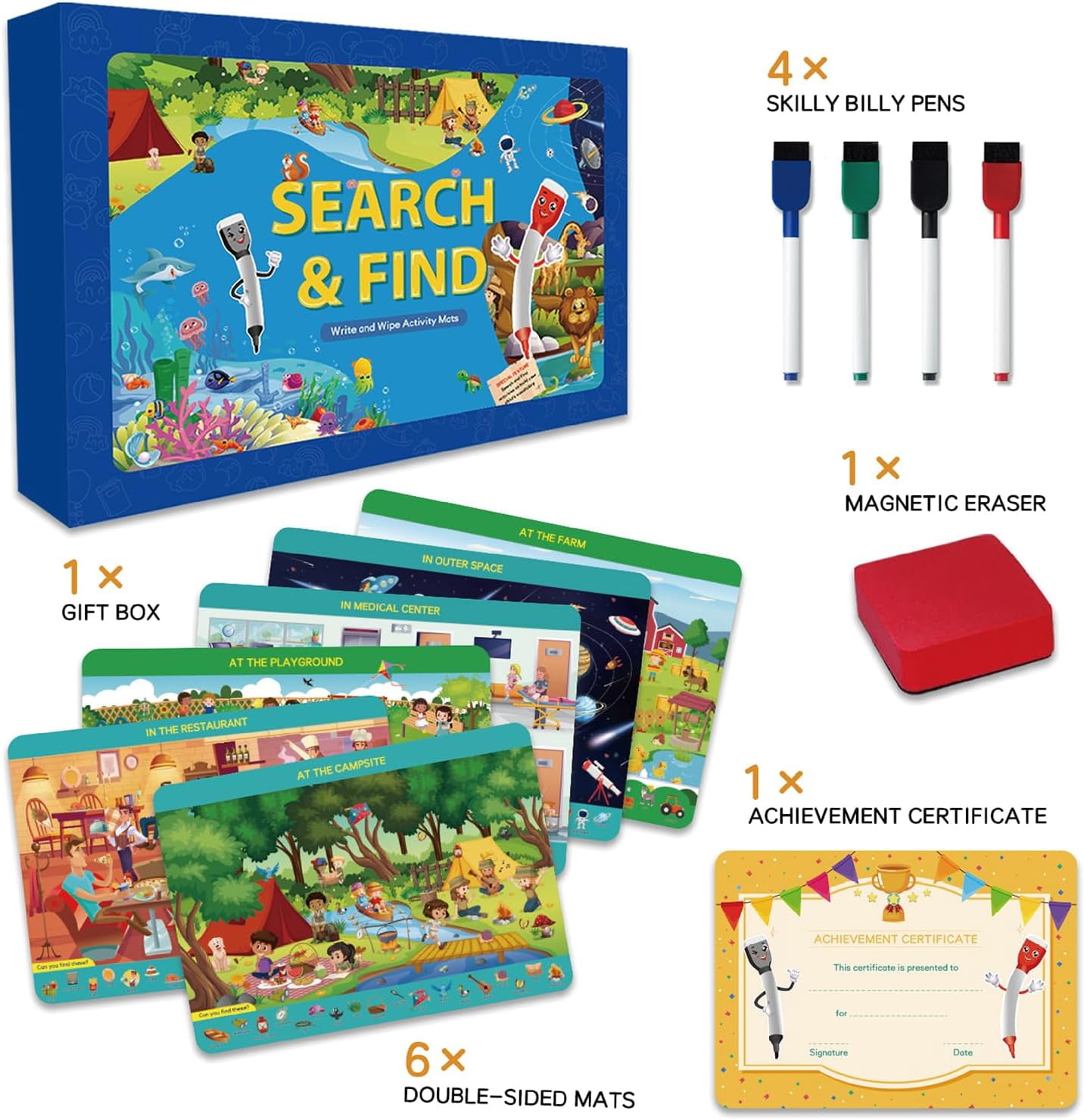 Style-Carry Educational Game for Kids, Search and Find Toy for Toddler 3 4 5 6 7 Years Old Reusable Preschool Learning Activity Mats, Kindergarten Gift for Boy Girl Ages 3-6
