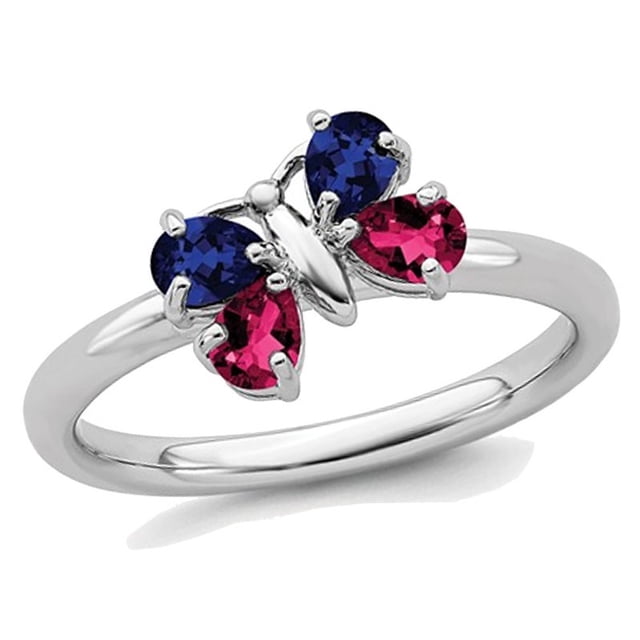 4/5 Carat (ctw) Lab Created Ruby and Lab Created Sapphire Butterfly Ring in Sterling Silver