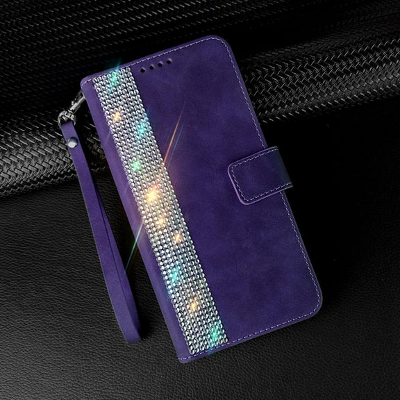 Compatible with iPhone 15 Pro Max Bling Wallet Case for Women with Credit Card Holders,PU Leather Flip Phone Case with Wrist Strap,Kickstand Shockproof Protective Cover,Purple