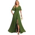 thumbnail image 1 of deamify Plus Size Flutter Sleeve Chiffon A Line Bridesmaid Dresses for Women 2025 Olive Green V Neck High Slit Formal Evening Dress with Pockets 28W, 1 of 1