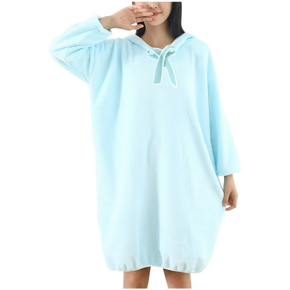 Htigea Fleece Hooded Robe for Women Long Sleeve Pullover Nightgown Soft Lightweight Homewear Winter Shower Robes Blue,Free Size