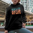 thumbnail image 2 of His Life Saved My Life, Salvation in Christ Alone Quote, Groovy Retro Wavy Text Merch Gift, Black Hooded Sweatshirt or Hoodie, Large, 2 of 5
