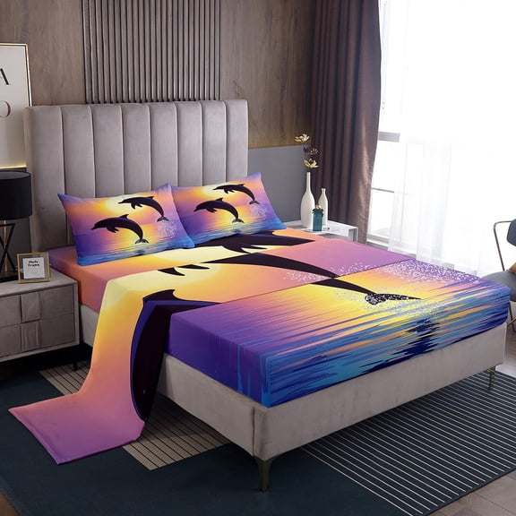 Erosebridal Couple Dolphin Bed Sheets Set Twin Size, Romantic Sunset Bed Sheets Twin, Ocean Animal Twin Sheet Sets, Lightweight Room Decoration, 3pcs