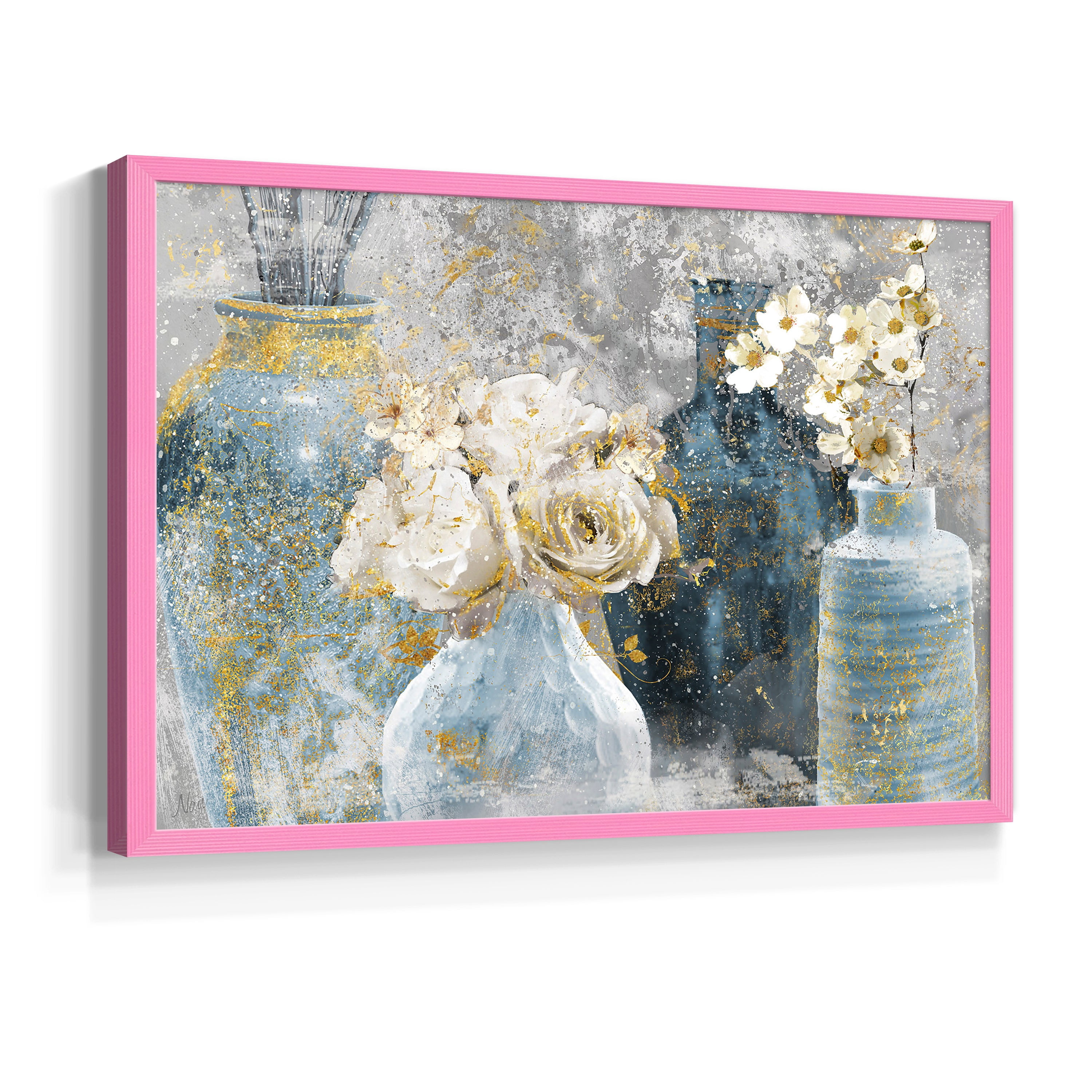 Vessels and Blooms Blues by Nan - Restickable Framed Giclée Print